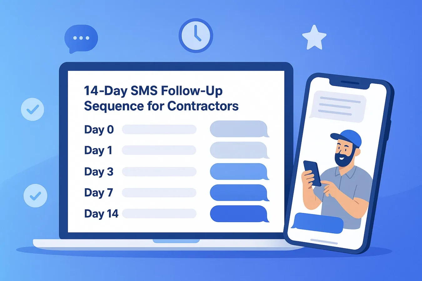 14-day SMS follow-up sequence timeline and contractor texting a homeowner