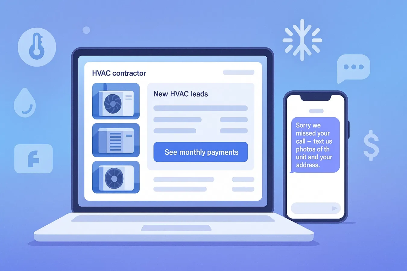 HVAC lead capture software dashboard with leak photos, financing button, and SMS replies