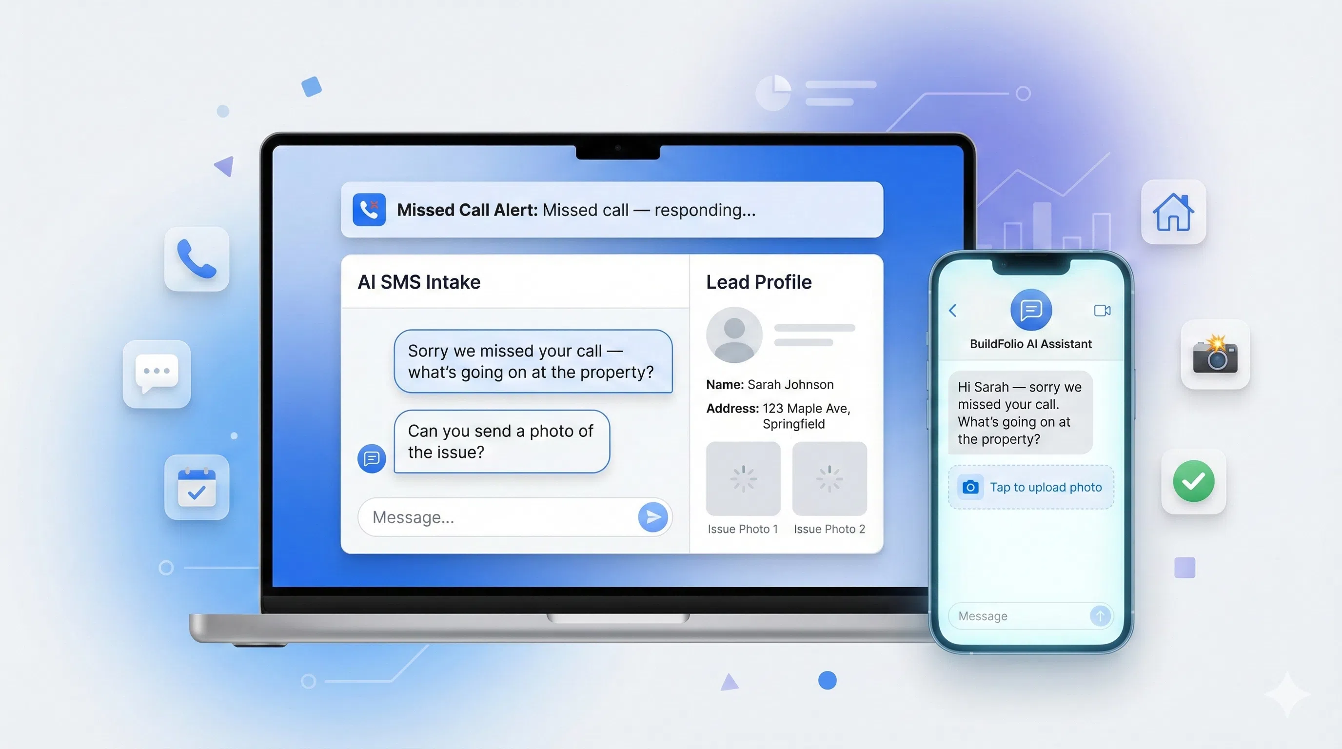 AI answering service for contractors dashboard with missed call alerts, SMS replies, and qualified leads