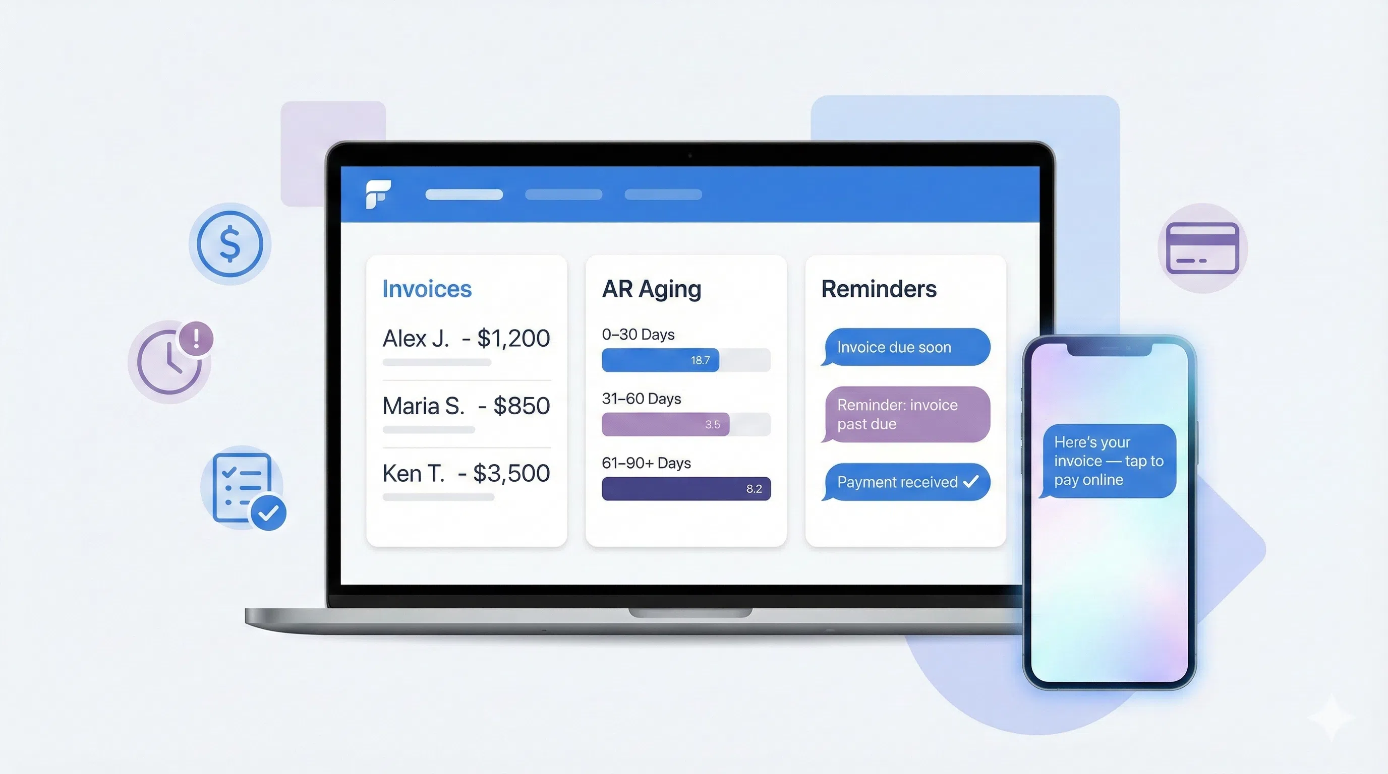 AI collections software dashboard showing contractor invoices, AR aging, and automated payment reminders
