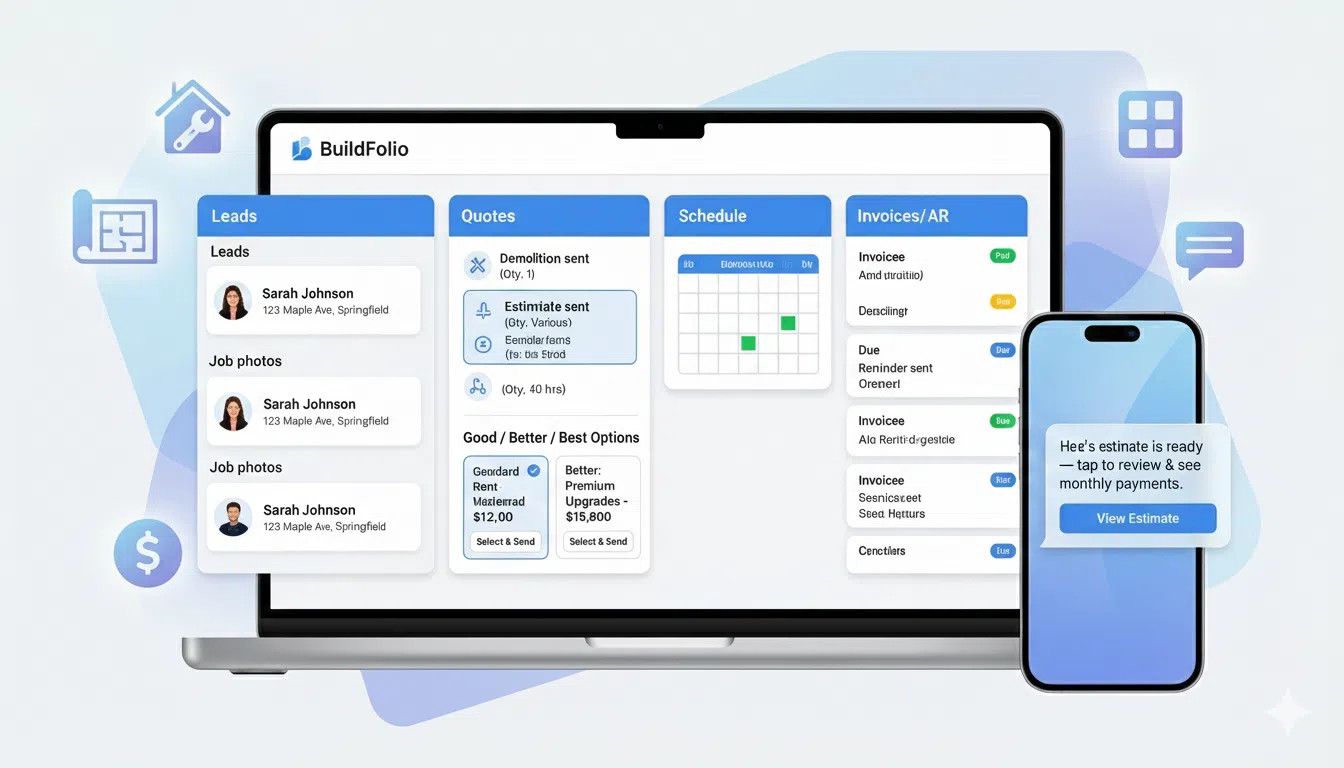 AI CRM for contractors dashboard showing leads, AI quotes, SMS follow-ups, and AR reminders