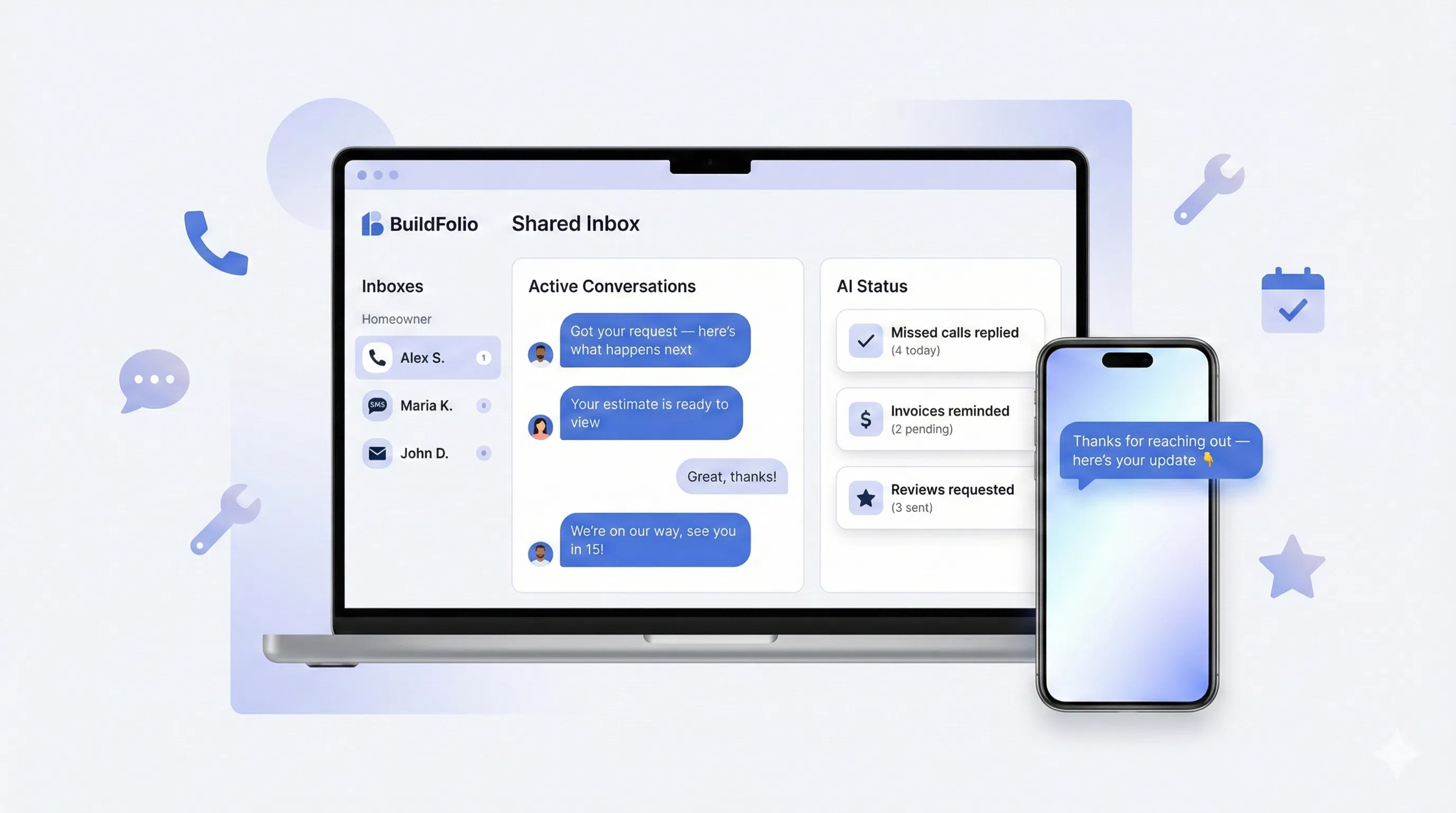 AI customer service for contractors dashboard showing customer messages, job status updates, and automated replies
