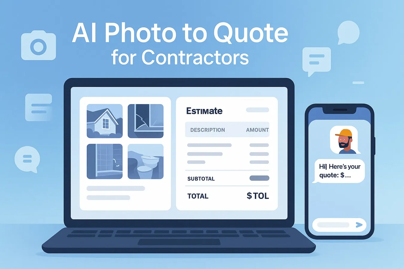 AI Photo to Quote for contractors — dashboard showing photo intake, estimate line items, and SMS send
