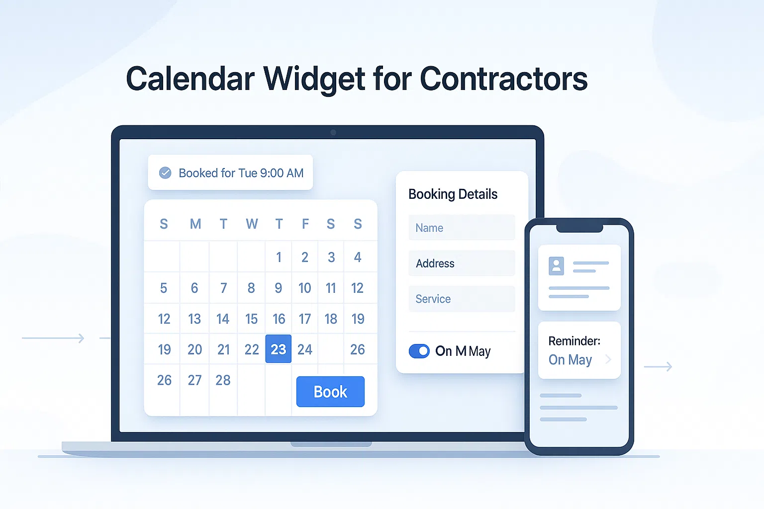 Calendar widget hero showing available time slots, email confirmation, and SMS reminder options