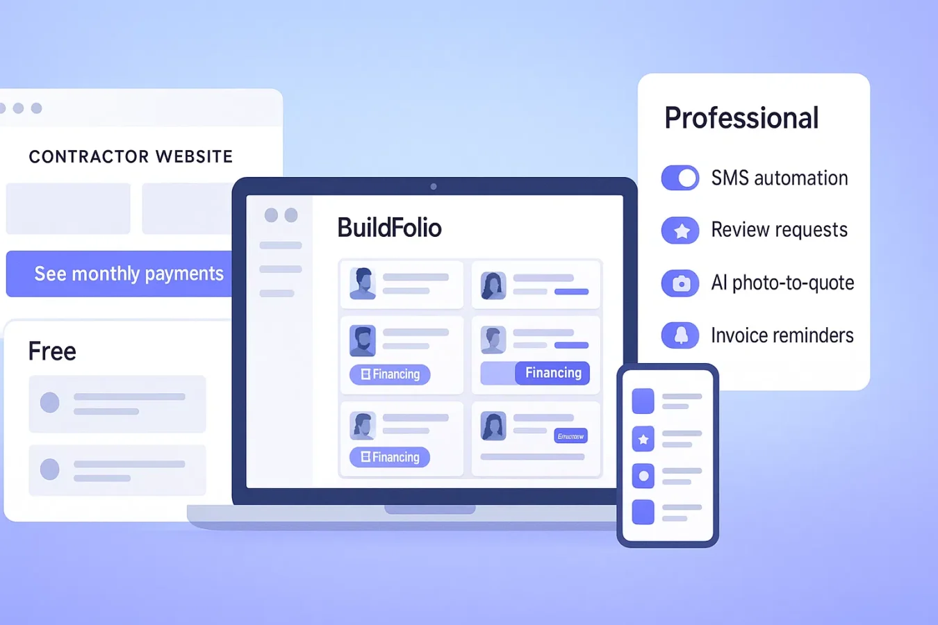 Free contractor CRM setup: add lead capture and financing; Pro adds SMS, AI quoting, and invoice reminders