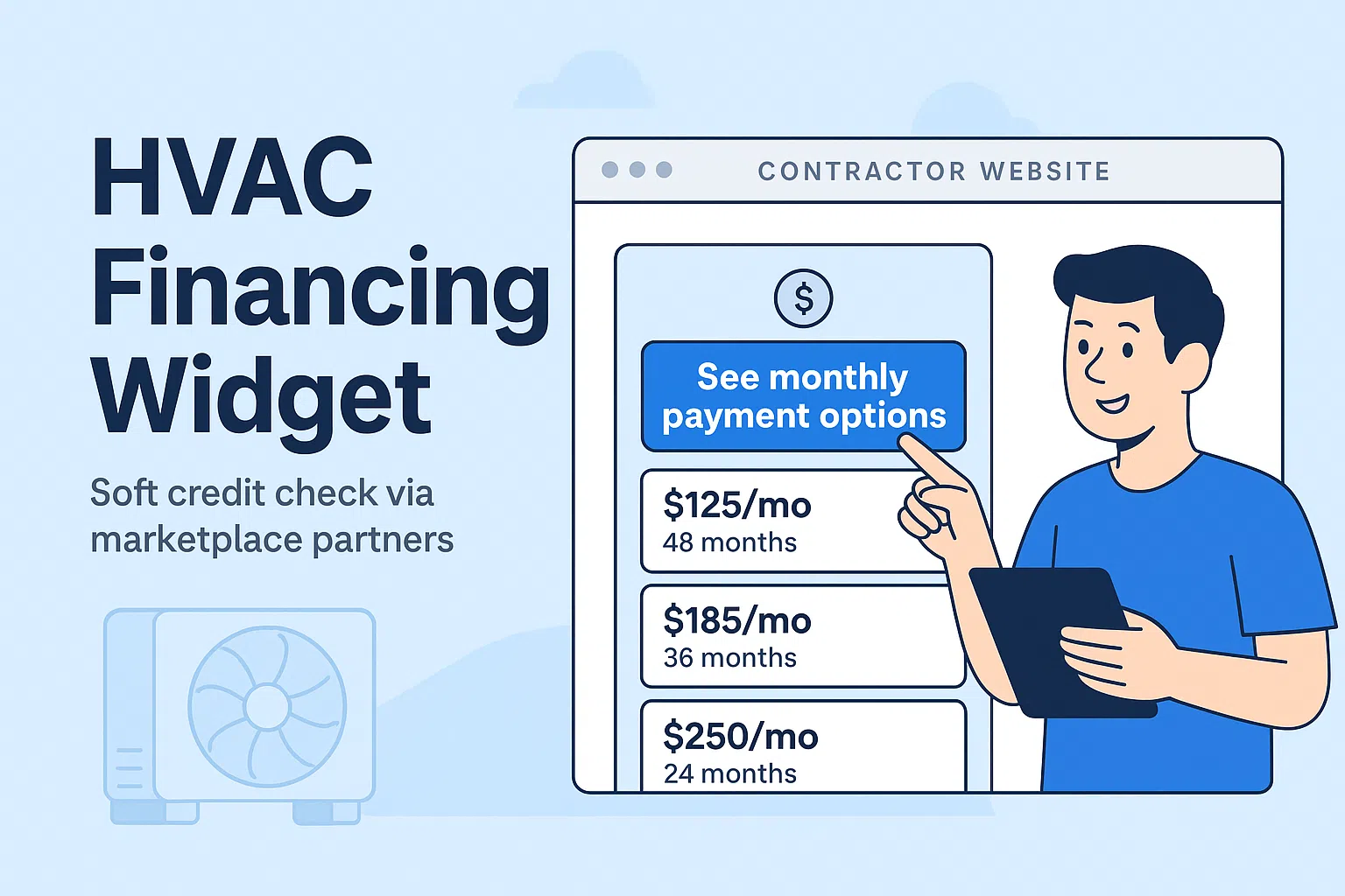 Mockup of an HVAC contractor website showing a customer financing widget with monthly payment options