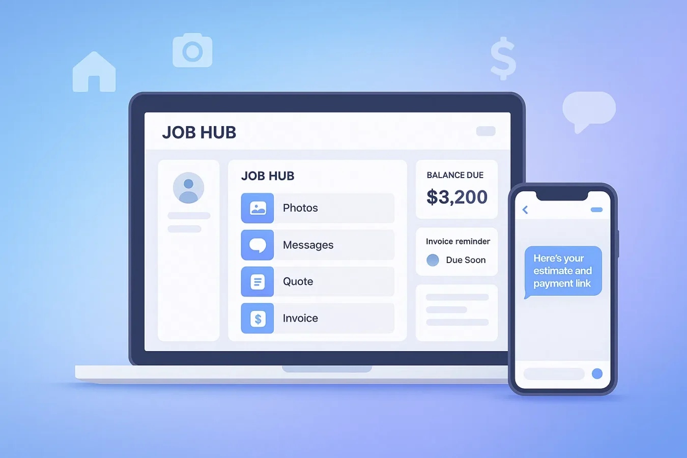 Job Hub for contractors — BuildFolio job workspace with photos, quotes, messages, and invoices on one timeline