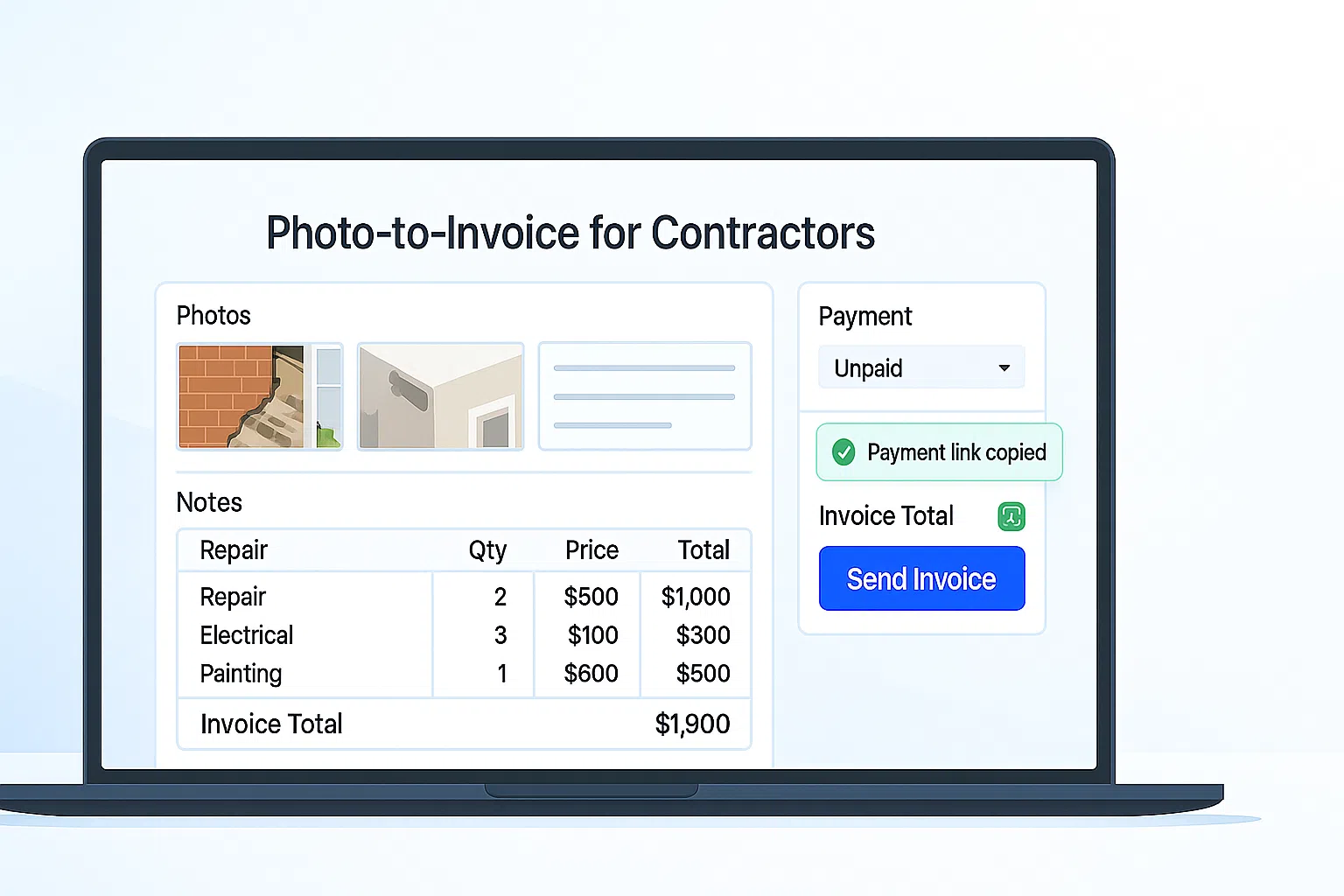 Photo-to-Invoice dashboard with photos, detected line items, totals, and a send invoice button