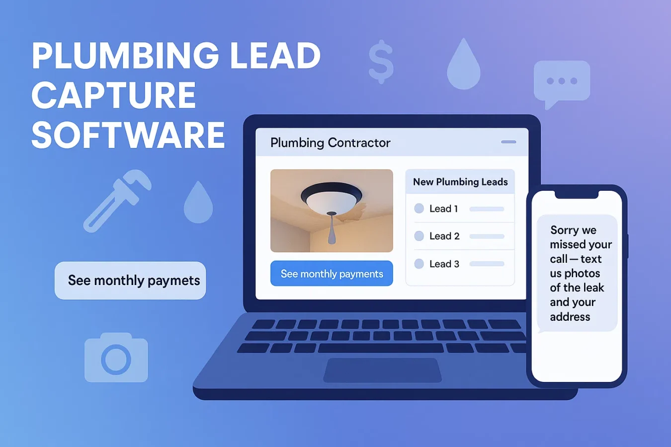 Plumbing lead capture software dashboard with leak photos, financing button, and SMS follow-ups