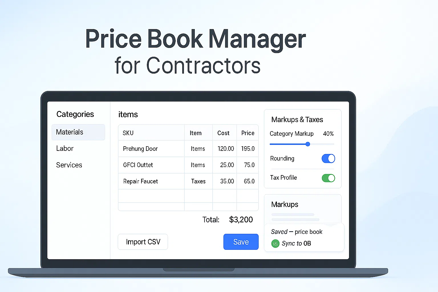 Price Book Manager for contractors showing items, labor rates, markups, and QuickBooks sync status