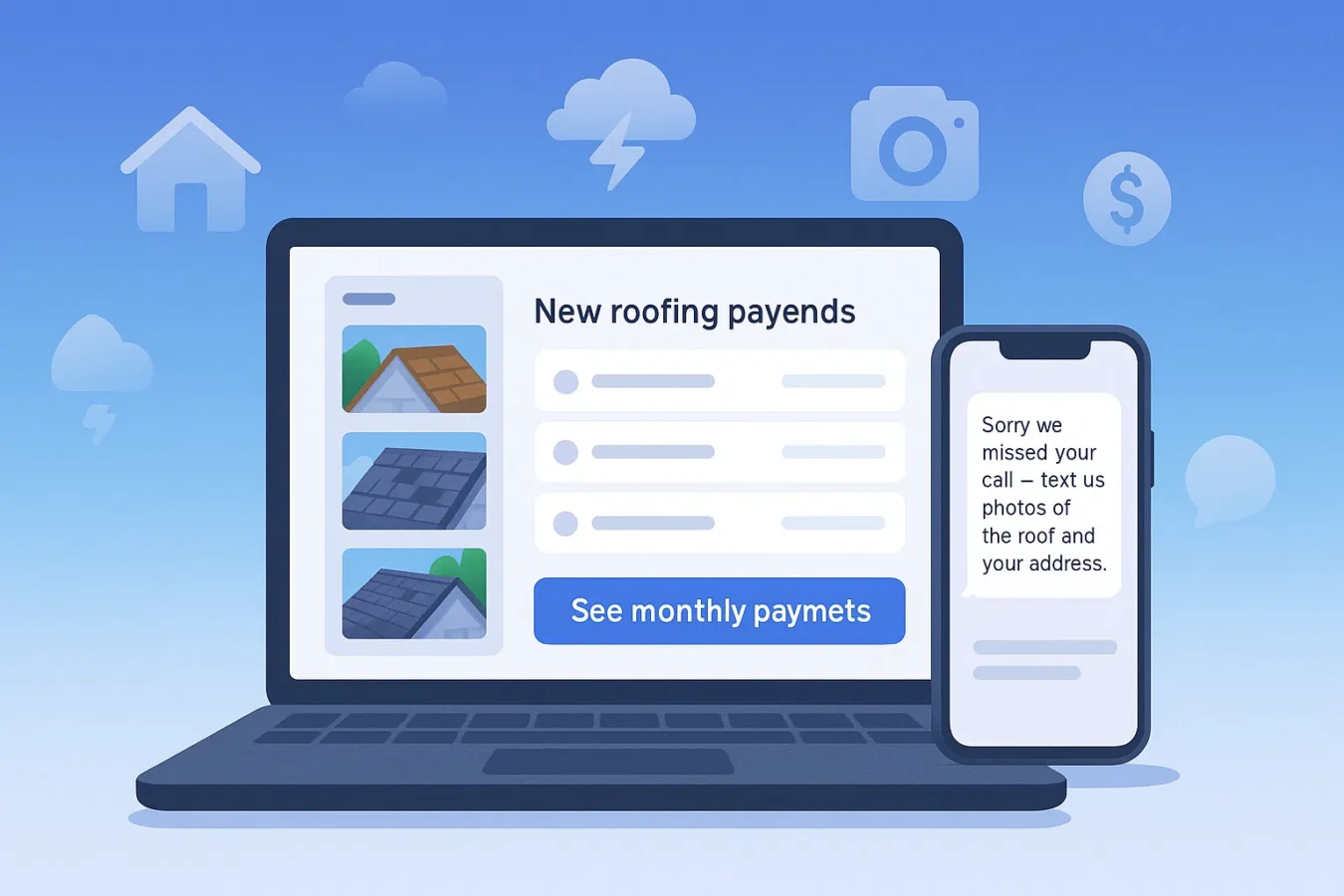 Roofing lead capture software dashboard with roof photos, monthly payment button, and SMS follow-ups on laptop and phone