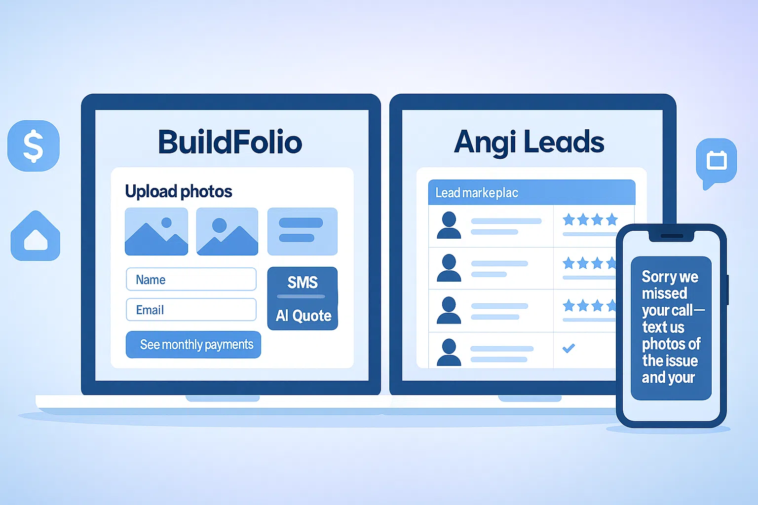 BuildFolio vs Angi Leads comparison for contractors on laptop and phone UI