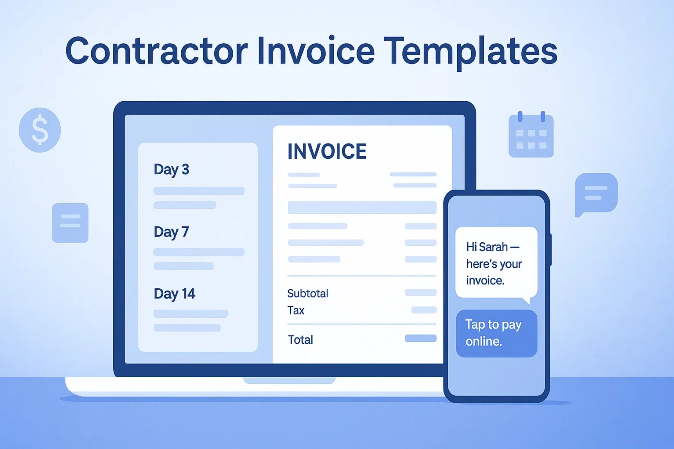 Contractor invoice templates dashboard with sample invoice and payment reminder timeline