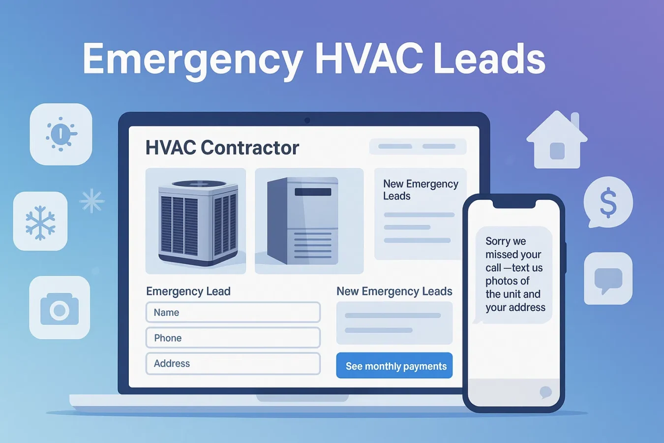 Emergency HVAC leads guide hero — contractor website with AC unit photos, financing button, and SMS missed-call reply