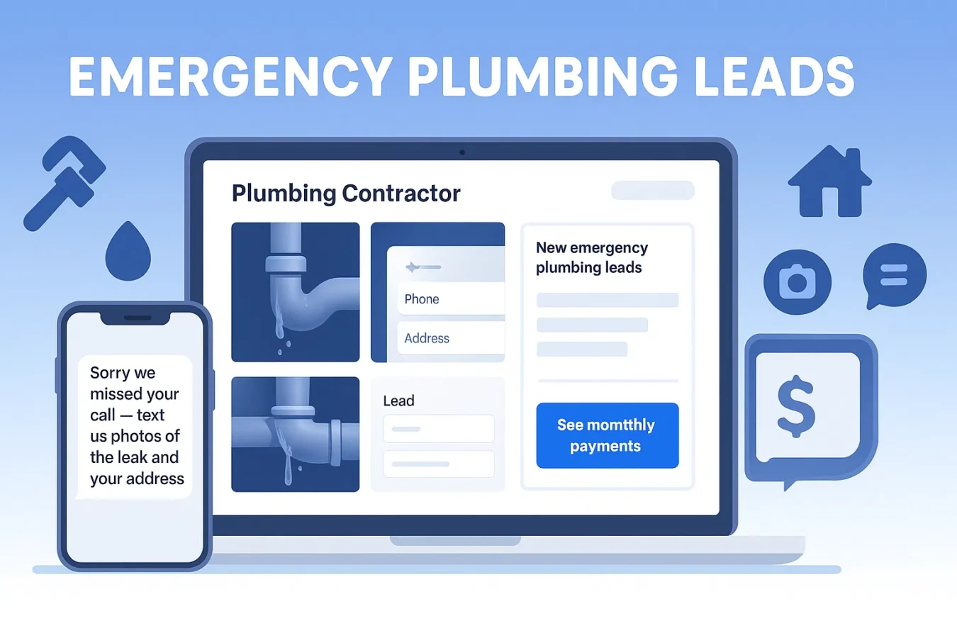 Emergency plumbing leads dashboard with photo-based intake, SMS replies, and financing button on a contractor website
