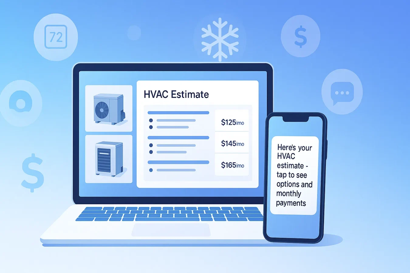 HVAC estimate template with unit photos, good better best options, and monthly payments on a contractor dashboard
