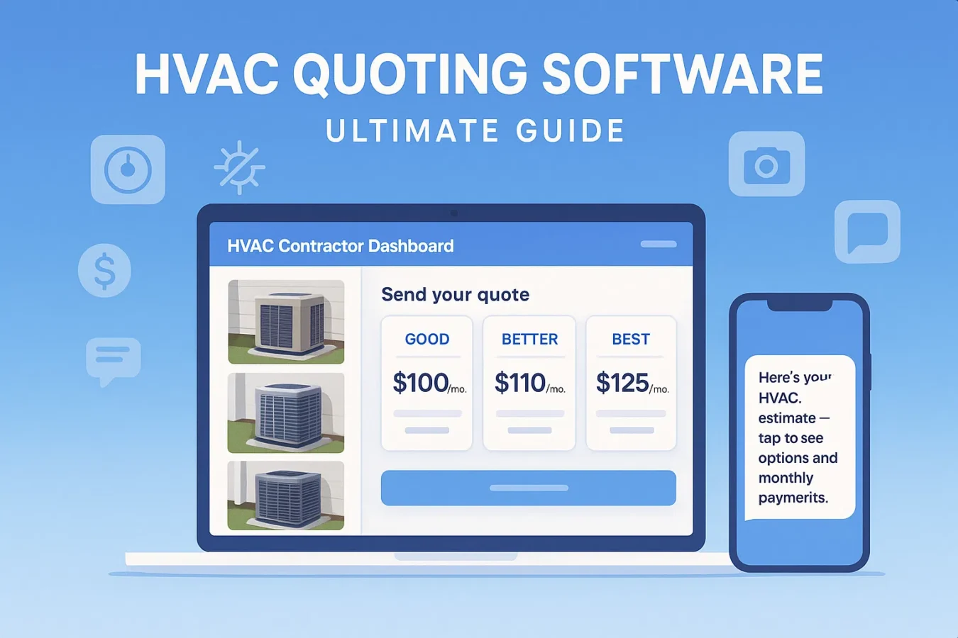 HVAC quoting software dashboard with homeowner photos, estimates, and SMS on laptop and phone
