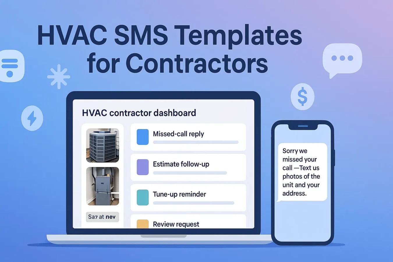 HVAC SMS templates for contractors — dashboard and phone with text message examples