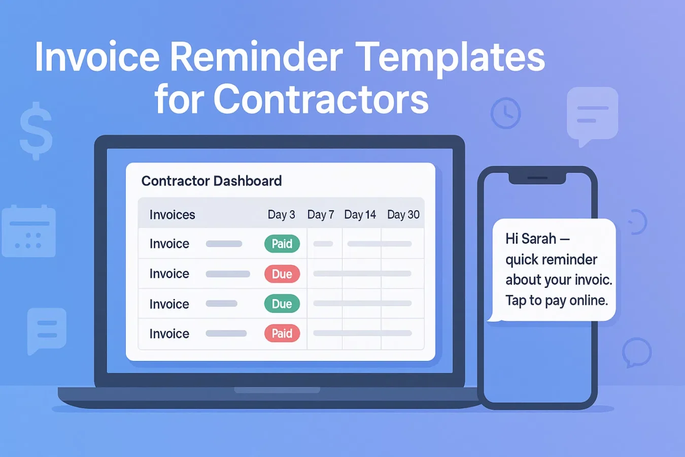 Invoice reminder templates for contractors shown on a dashboard with a Day 3, 7, 14, and 30 payment reminder timeline and phone SMS preview