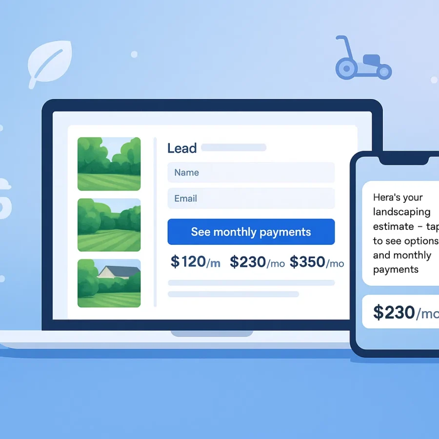 Landscaping financing options with monthly payments button and homeowner preview on phone