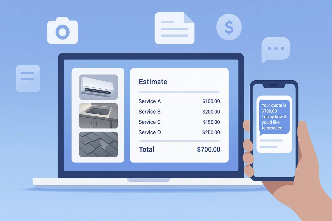 Photo estimate software for contractors — AI Photo-to-Quote dashboard with job photos and line-item estimate