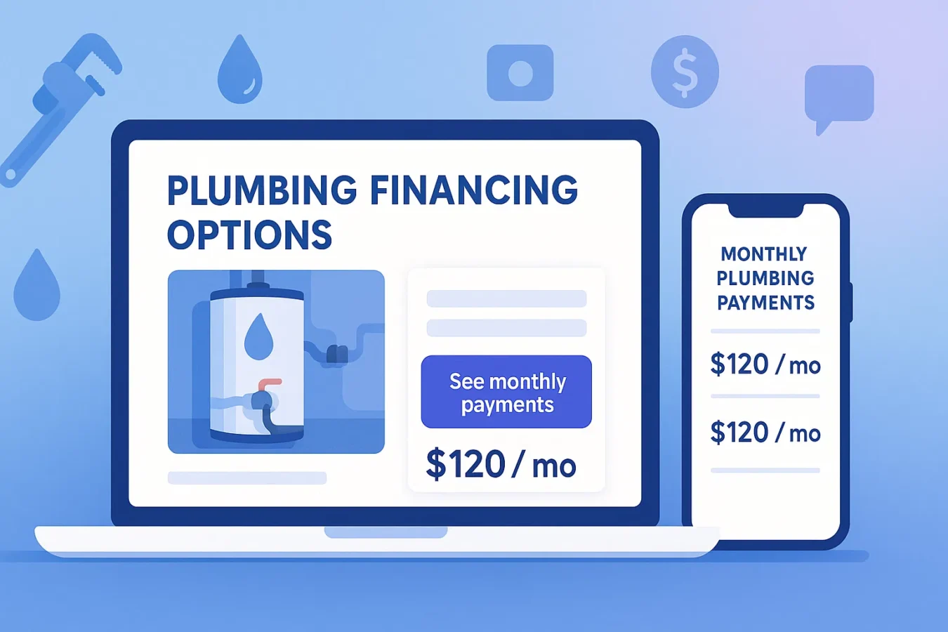 Plumbing financing options guide showing contractor website with see monthly payments button and plumbing dashboard