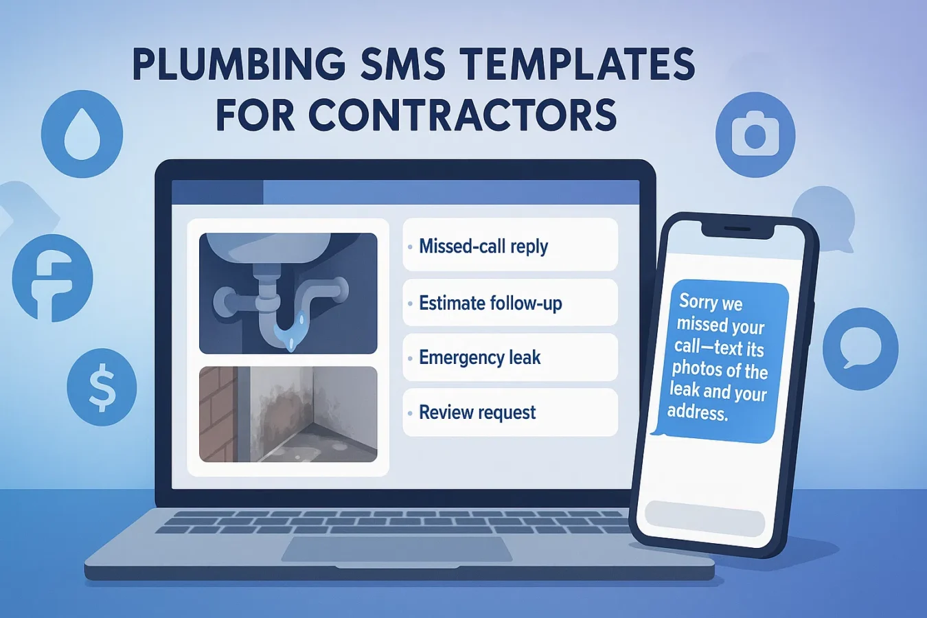 Plumbing SMS templates for contractors shown on a dashboard with text messages on a phone