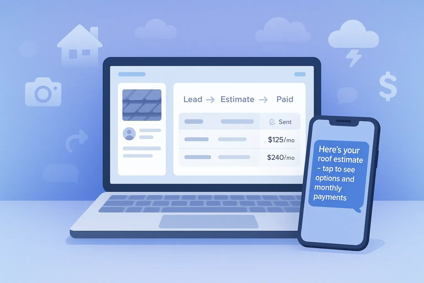 Roofing business software dashboard showing leads, photo estimates, production calendar, and invoice reminders