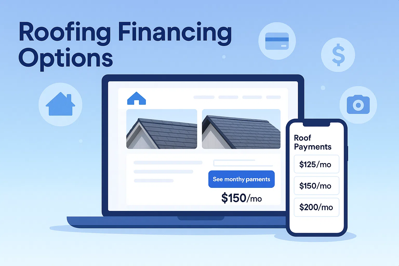 Roofing financing options guide hero with roof photos, financing button, and monthly payment preview on a contractor website