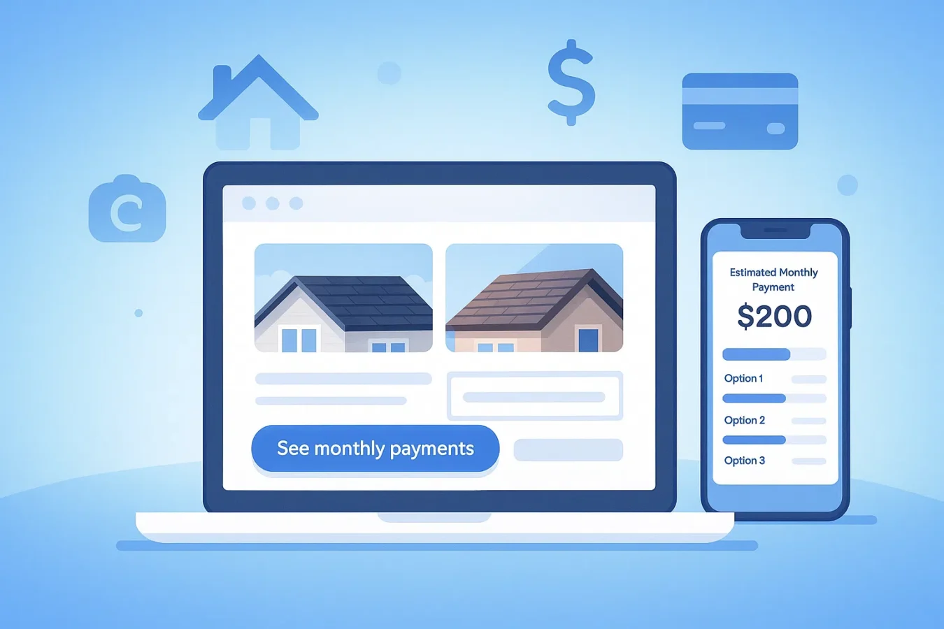 Roofing financing widget on a roofing contractor website showing roof photos, a quote form, and a See monthly payments button