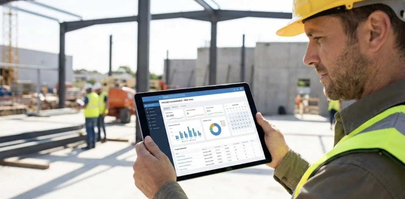 Contractor reviewing free software dashboard on tablet at job site