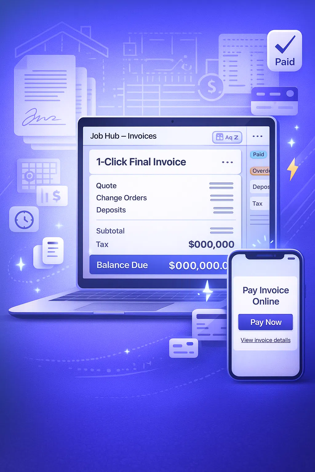 Contractor invoicing software dashboard with invoices, balances, and payments
