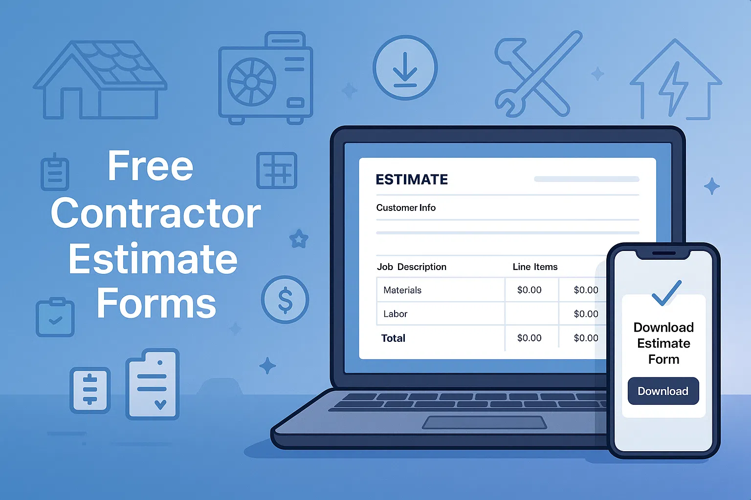 Contractor estimate forms for roofing, HVAC and plumbing shown on a laptop and clipboard