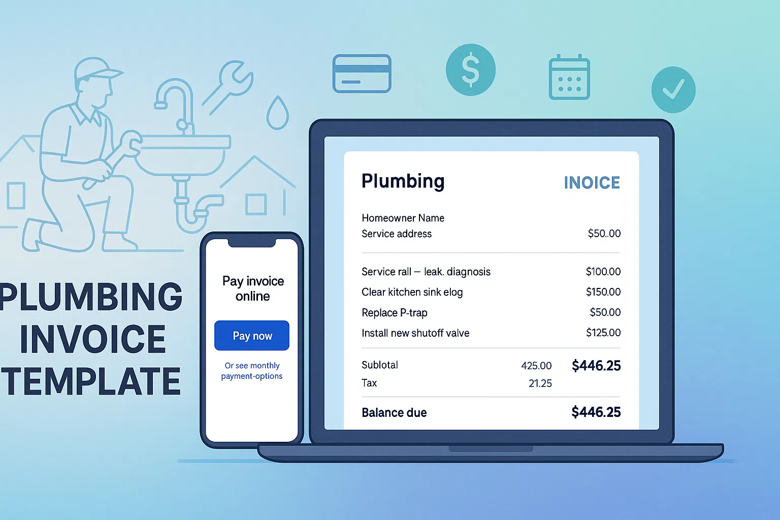 Plumbing invoice template on a laptop showing leak repair and water heater line items next to a phone with an online payment link
