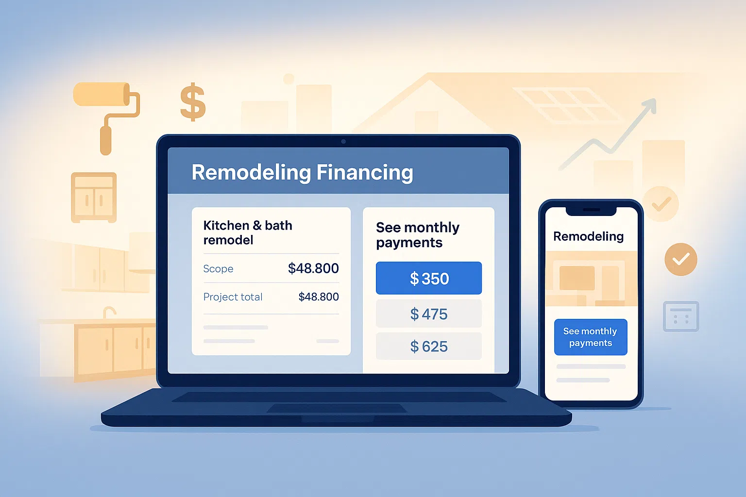 Remodeling financing options widget on a contractor website and dashboard showing monthly payment examples for a renovation project