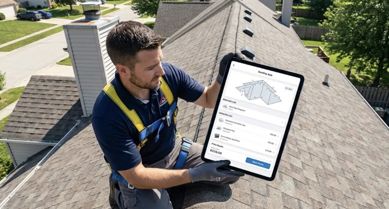 Roofer using quoting software on tablet while inspecting residential roof