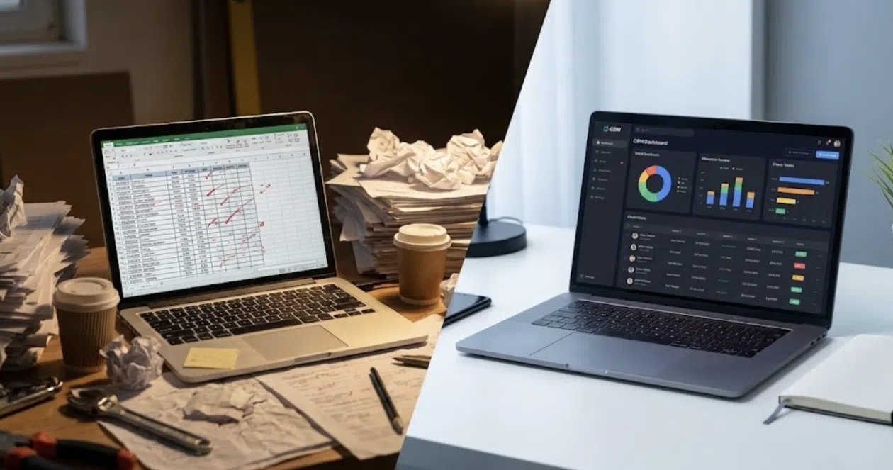 Comparison of disorganized paperwork versus organized CRM software